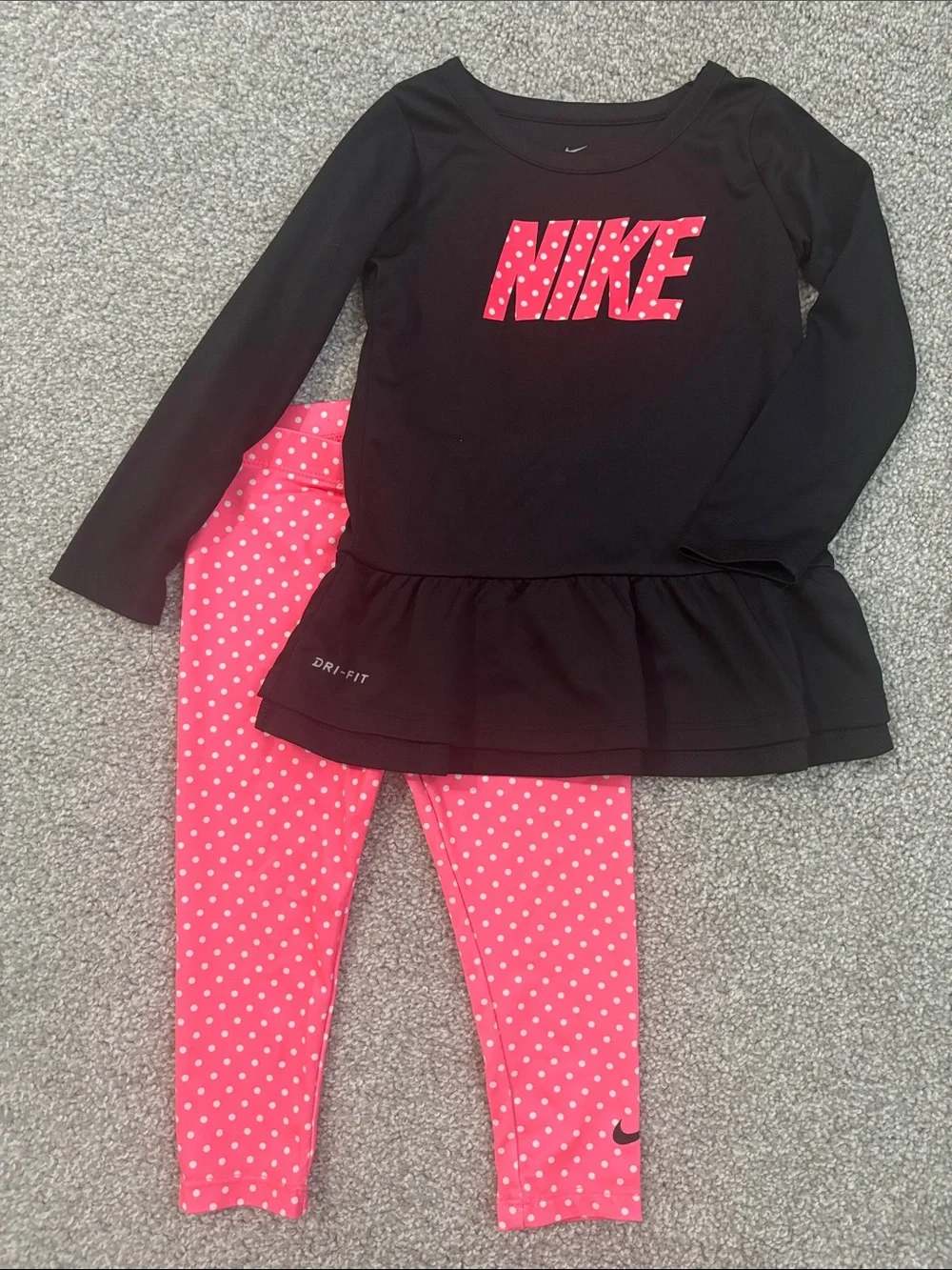 Nike Black Top with Pink Polka Dot Logo & Pink Polka Dot Leggings